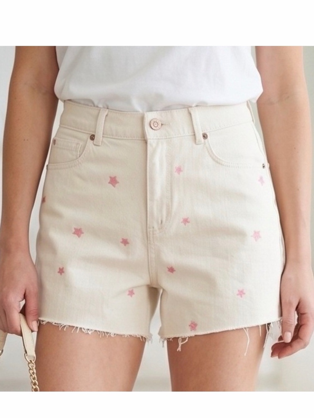 Loft Cream Denim Shorts with Pink Star Embroidery